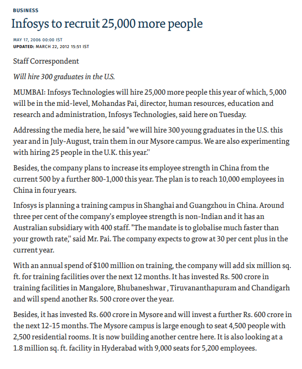 Infosys hiring 25,000 people news article from The Hindu - May 2006