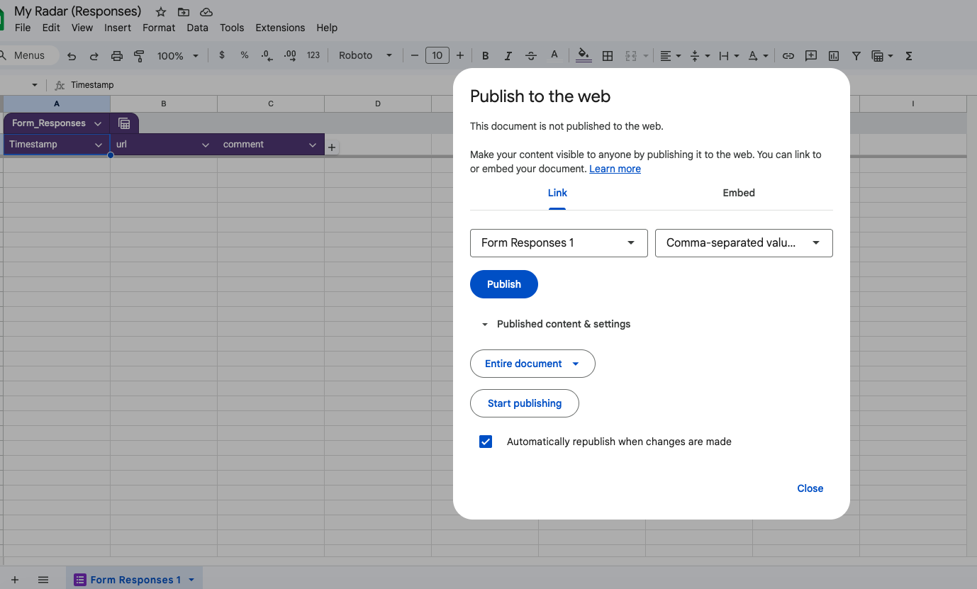 Google Sheets "Publish to the web" dialog — publishing form responses as CSV