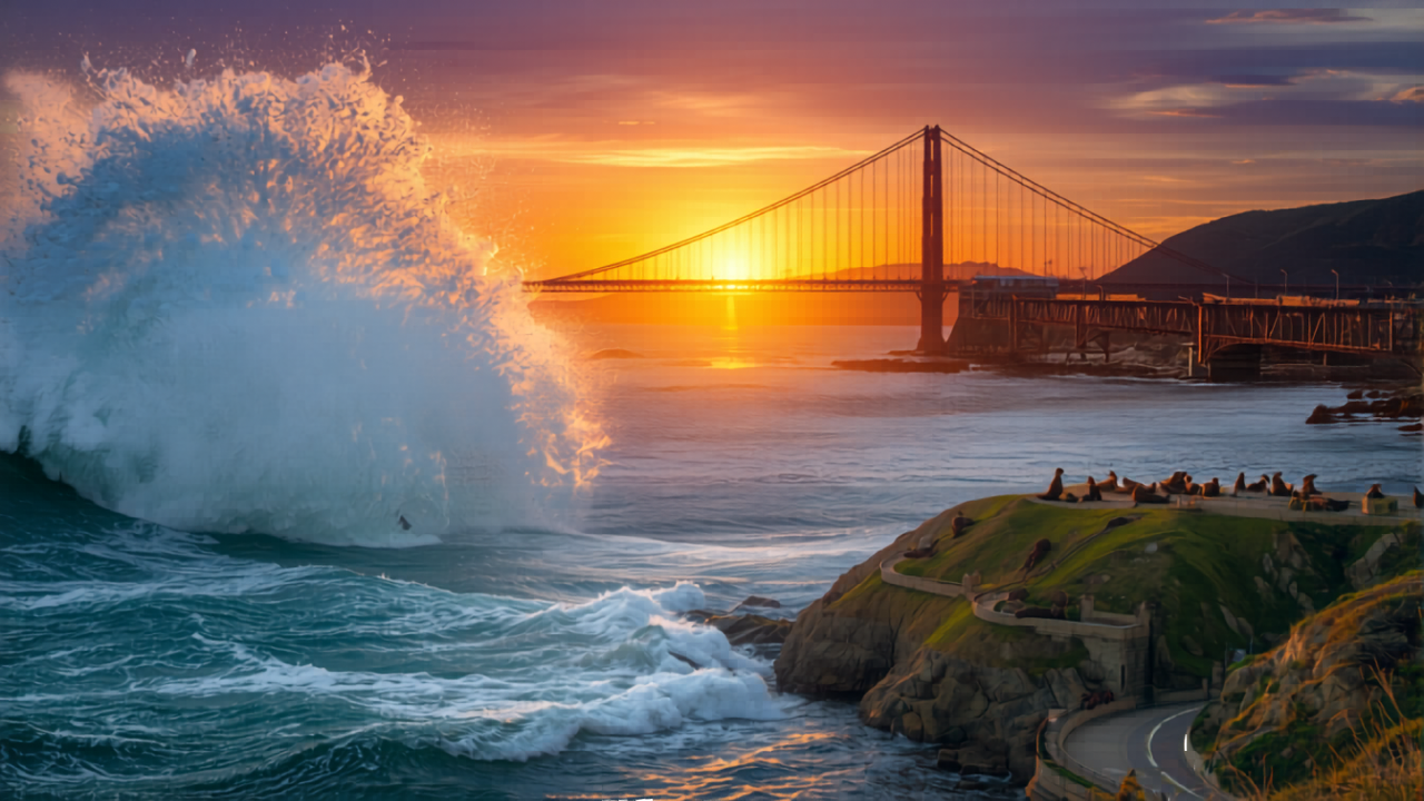 AI-generated collage of Golden Gate Bridge, crashing waves, and sea lions on a coastal cliff at sunset